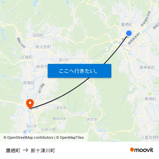 鷹栖町 to 新十津川町 map