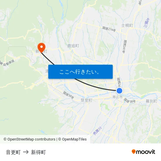 音更町 to 新得町 map