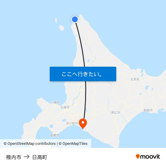 稚内市 to 日高町 map