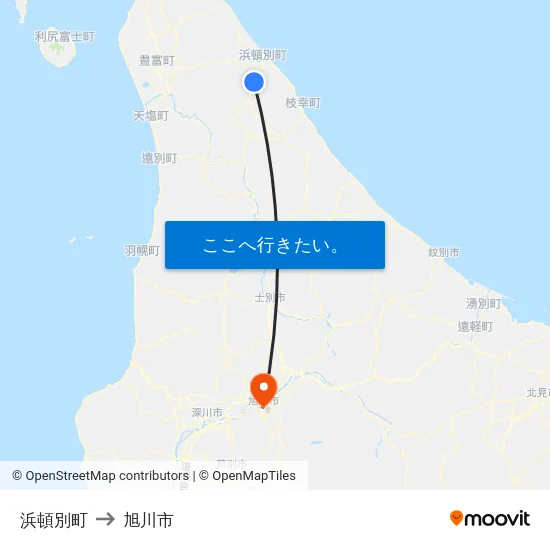 浜頓別町 to 旭川市 map
