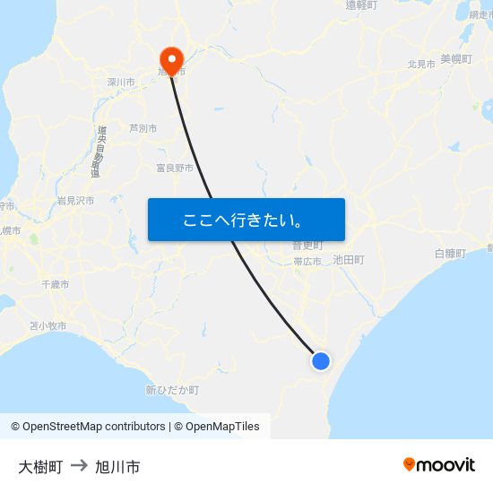 大樹町 to 旭川市 map