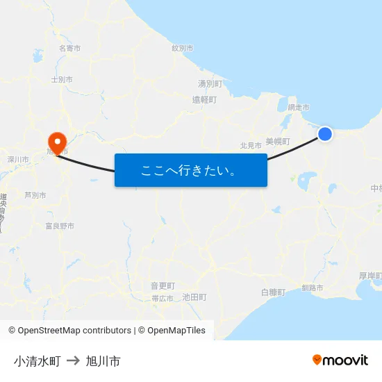 小清水町 to 旭川市 map