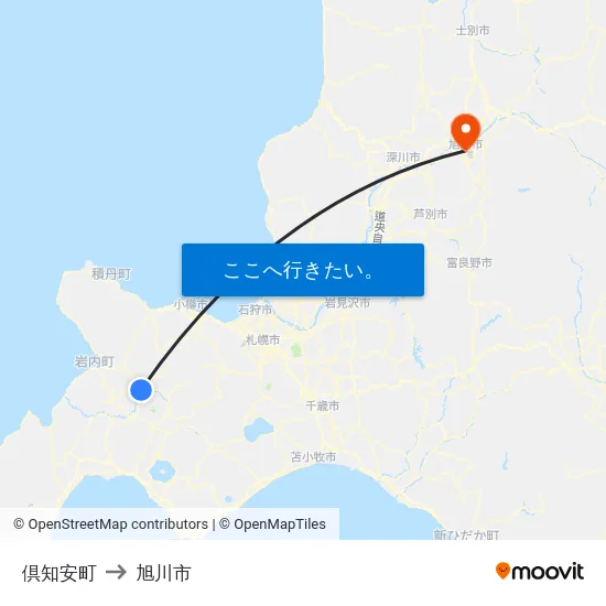 倶知安町 to 旭川市 map