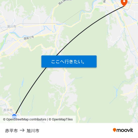 赤平市 to 旭川市 map