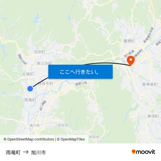 雨竜町 to 旭川市 map