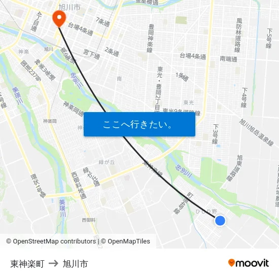 東神楽町 to 旭川市 map