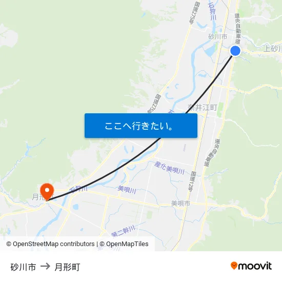 砂川市 to 月形町 map