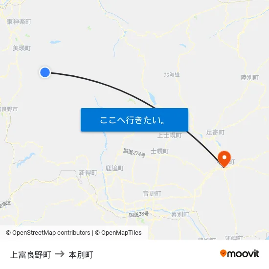 上富良野町 to 本別町 map