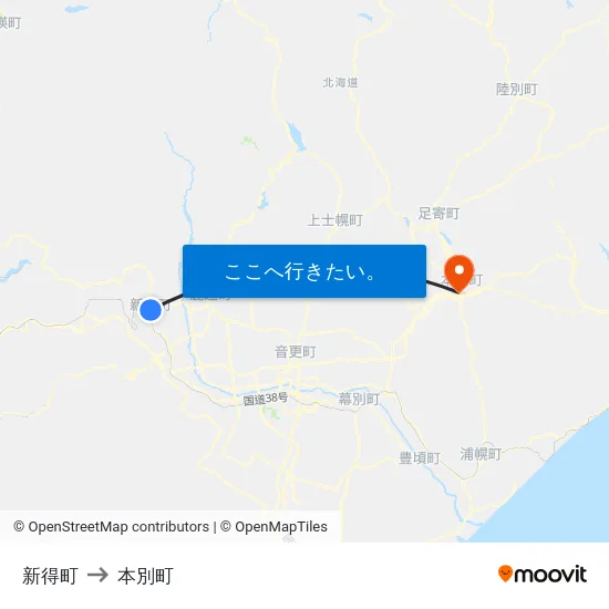 新得町 to 本別町 map