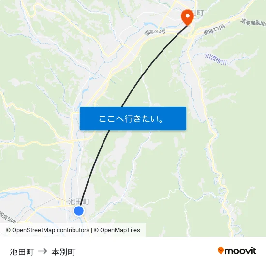 池田町 to 本別町 map