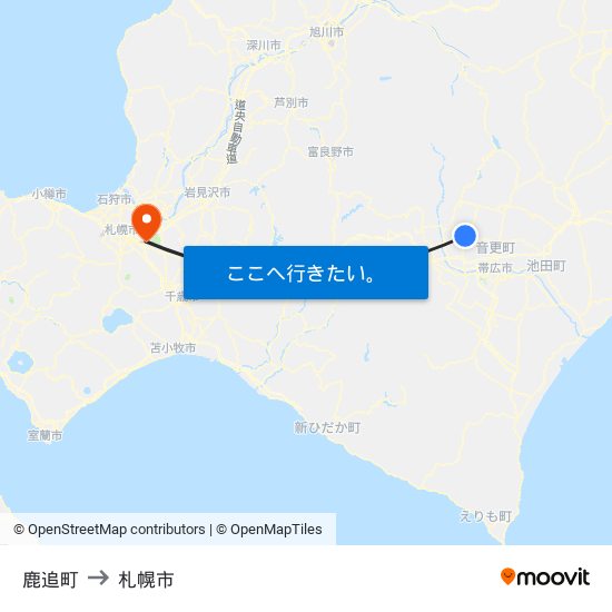 鹿追町 to 札幌市 map