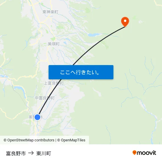 富良野市 to 東川町 map