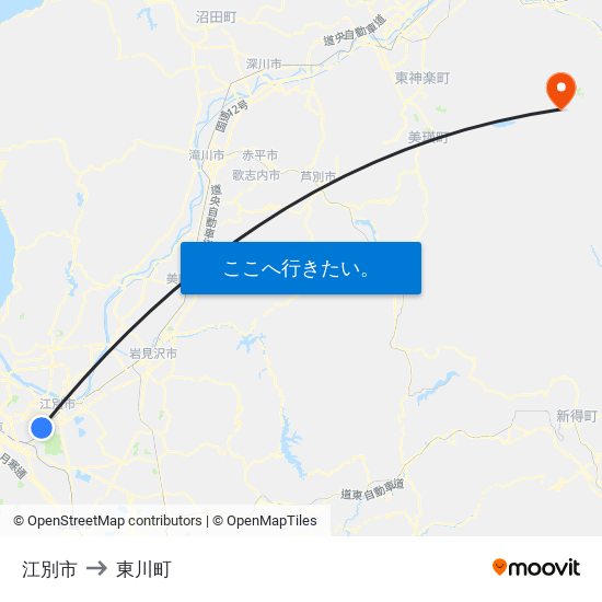 江別市 to 東川町 map