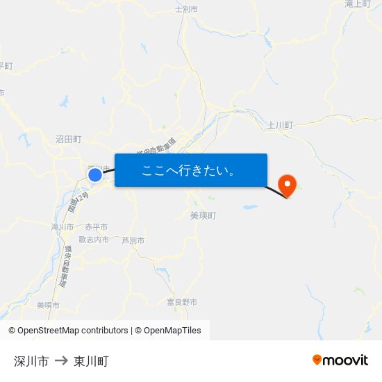 深川市 to 東川町 map