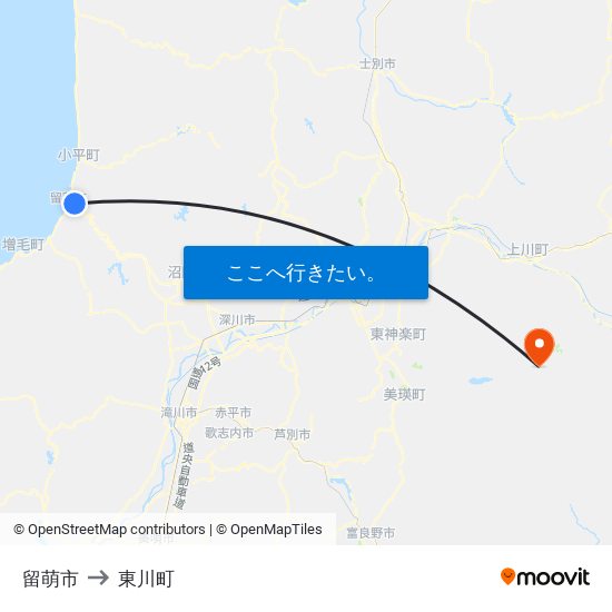 留萌市 to 東川町 map