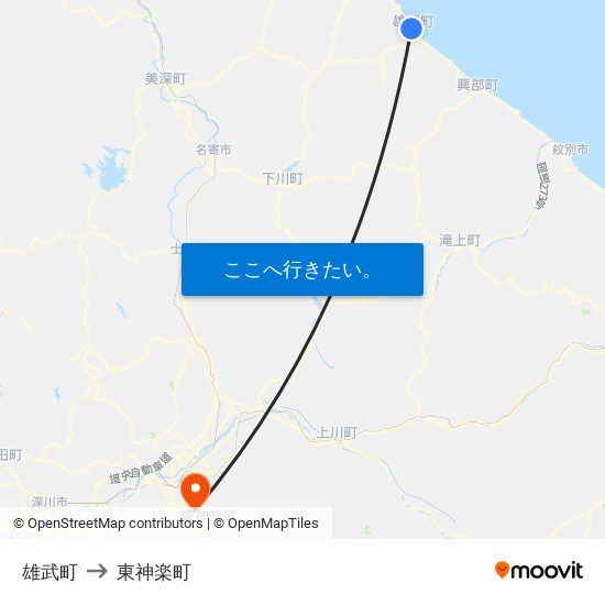 雄武町 to 東神楽町 map