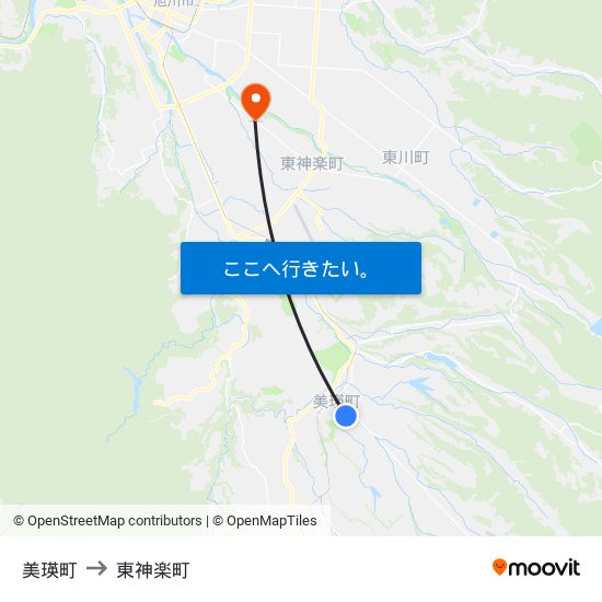 美瑛町 to 東神楽町 map