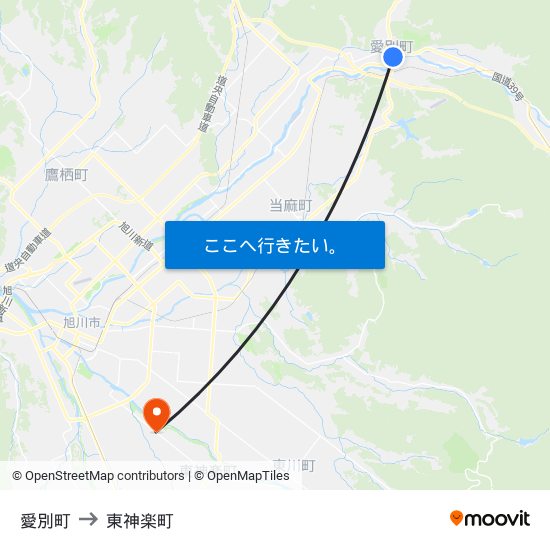 愛別町 to 東神楽町 map