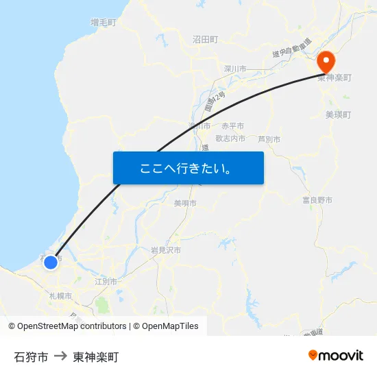 石狩市 to 東神楽町 map