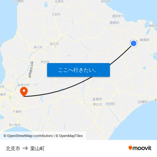 北見市 to 栗山町 map