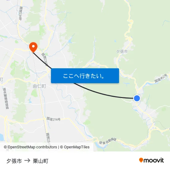 夕張市 to 栗山町 map