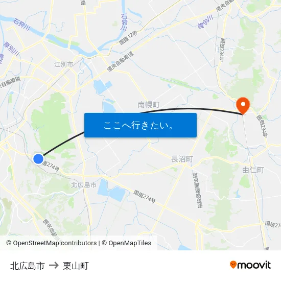 北広島市 to 栗山町 map