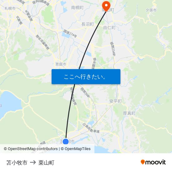 苫小牧市 to 栗山町 map