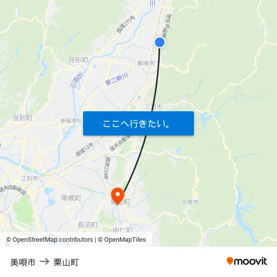 美唄市 to 栗山町 map