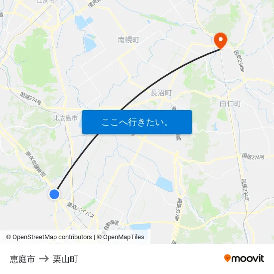 恵庭市 to 栗山町 map