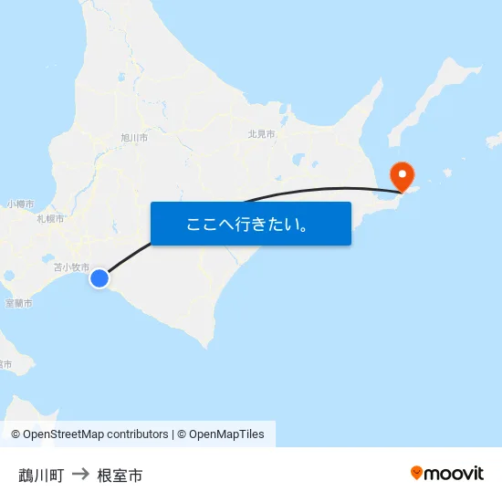 鵡川町 to 根室市 map