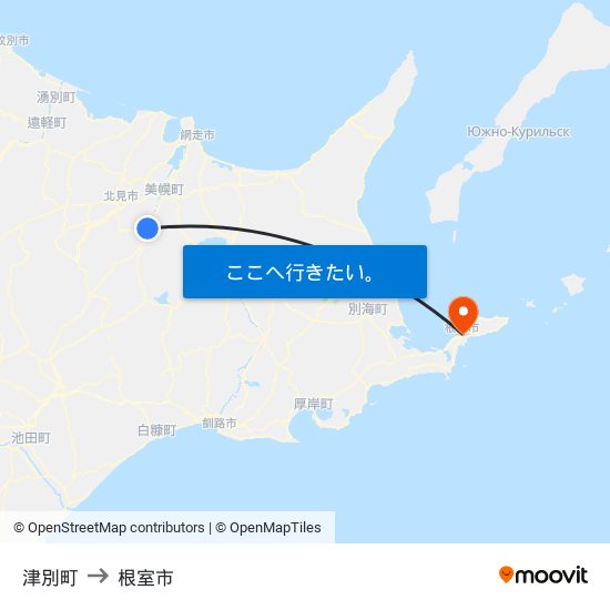 津別町 to 根室市 map