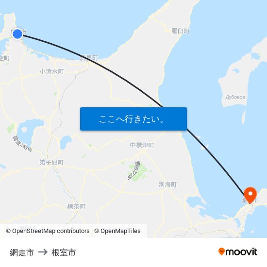 網走市 to 根室市 map