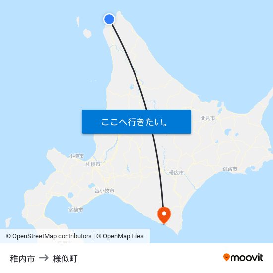 稚内市 to 様似町 map