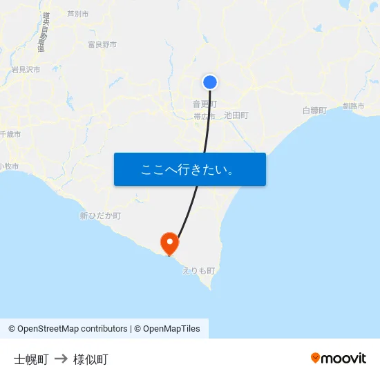 士幌町 to 様似町 map