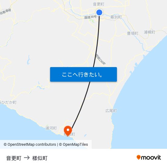 音更町 to 様似町 map