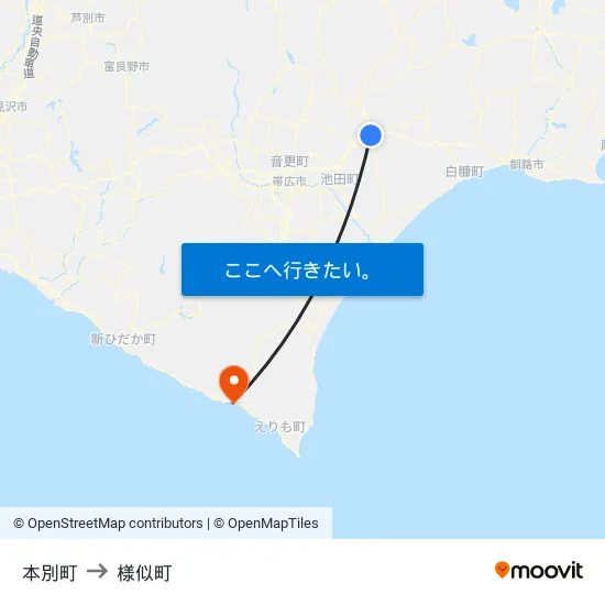 本別町 to 様似町 map