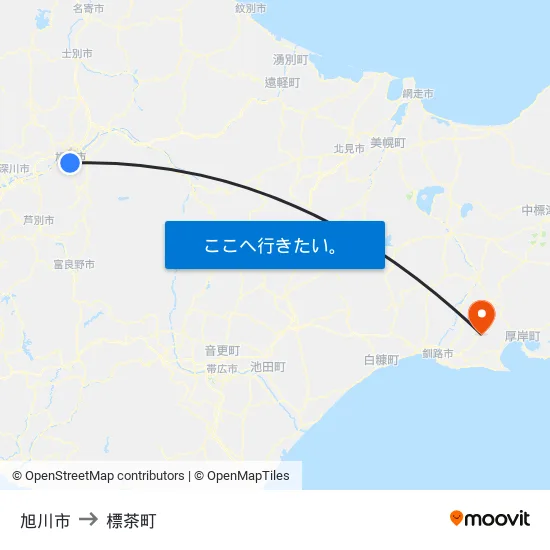 旭川市 to 標茶町 map