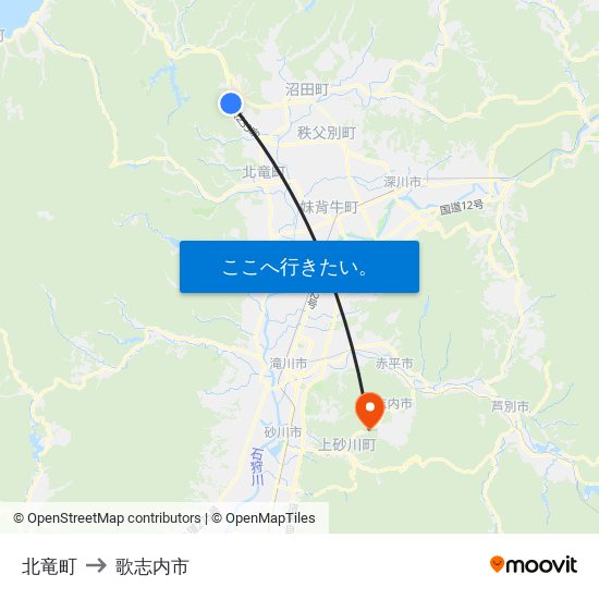 北竜町 to 歌志内市 map