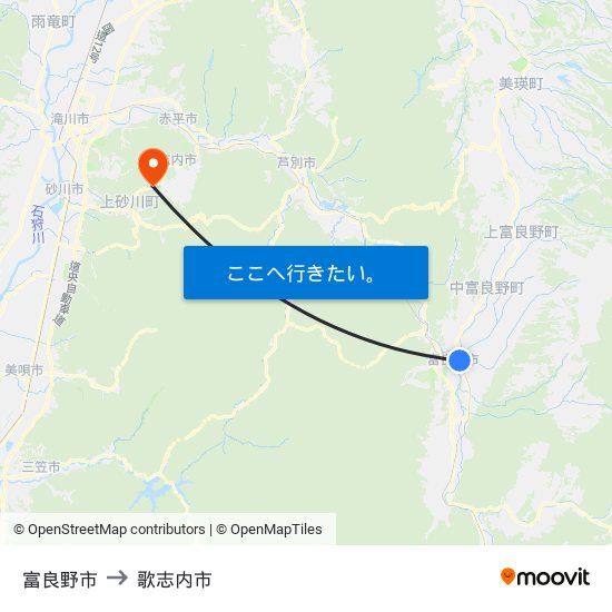富良野市 to 歌志内市 map