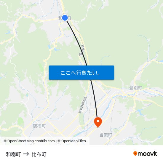 和寒町 to 比布町 map