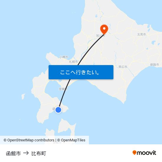 函館市 to 比布町 map