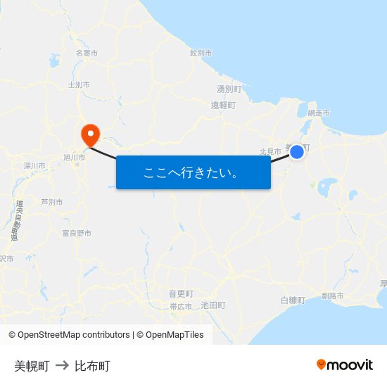 美幌町 to 比布町 map