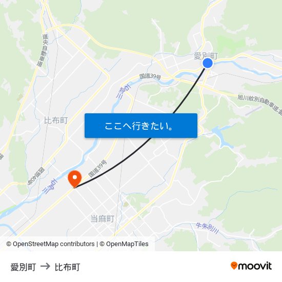 愛別町 to 比布町 map