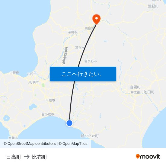 日高町 to 比布町 map