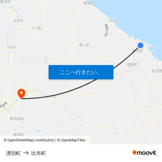 湧別町 to 比布町 map