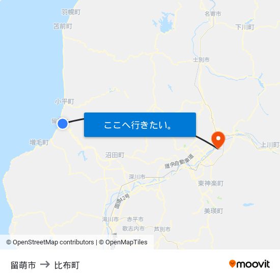 留萌市 to 比布町 map