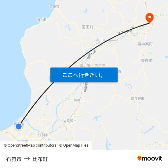 石狩市 to 比布町 map