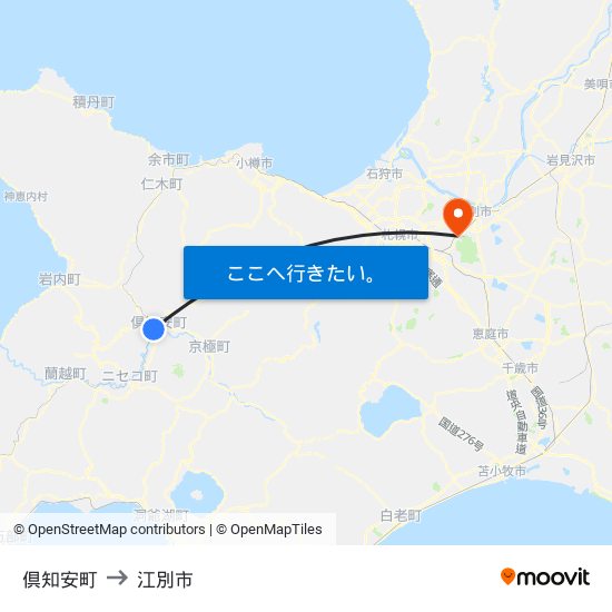 倶知安町 to 江別市 map