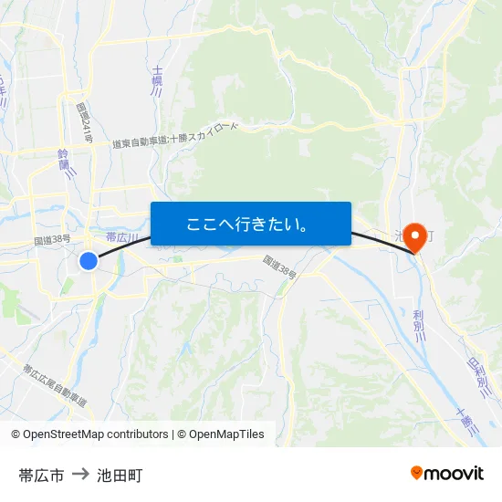 帯広市 to 池田町 map
