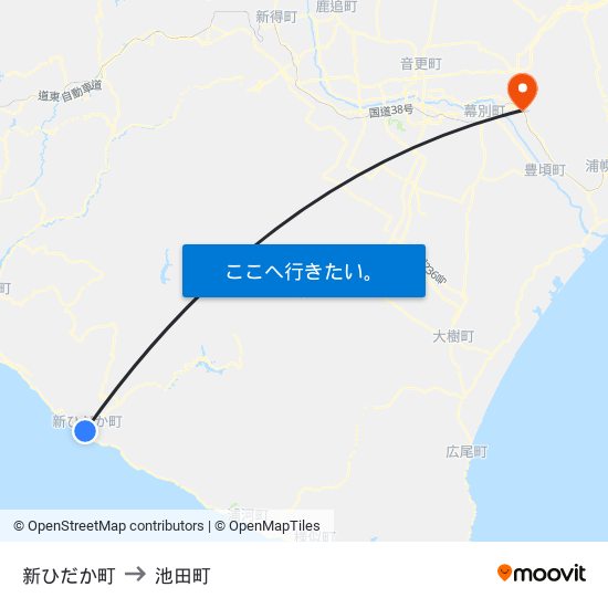 新ひだか町 to 池田町 map